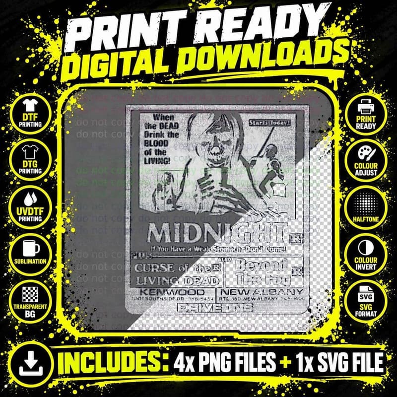 Midnight Drive-In 80s Horror Movies Flyer T-Shirt Png SVG Digital Bundle