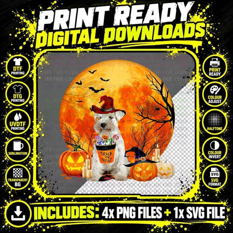 Miniature Schnauzer Dog Witch Hat Pumpkin Halloween Png SVG Digital Bundle