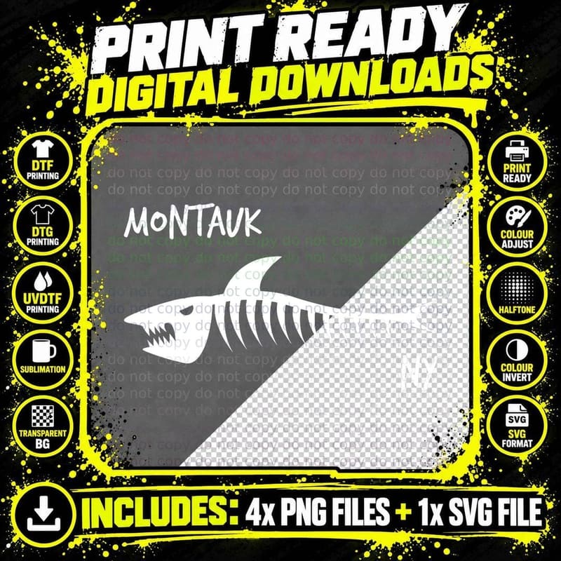 Montauk NY Shark Skeleton White Print T-Shirt Png SVG Digital Bundle