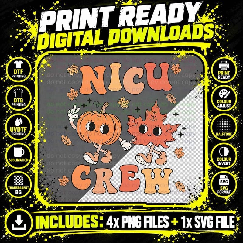 NICU Crew Pumpkin Leaf Fall NICU Nurse Halloween T-Shirt Png SVG Digital Bundle