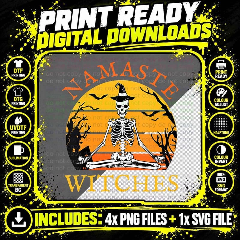 Namaste Witches Yoga Skeleton Funny Witch Halloween Png SVG Digital Bundle