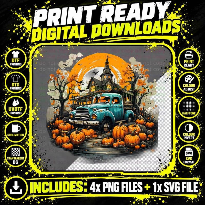 Old Pickup Trucks Driver Trucker Spooky Pumpkin Png SVG Digital Bundle