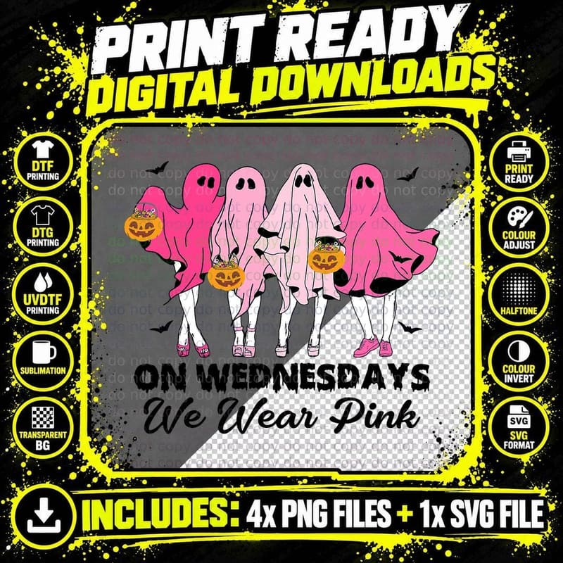 On Wednesday We Wear Pink Cute Ghost Halloween Breast Png SVG Digital Bundle