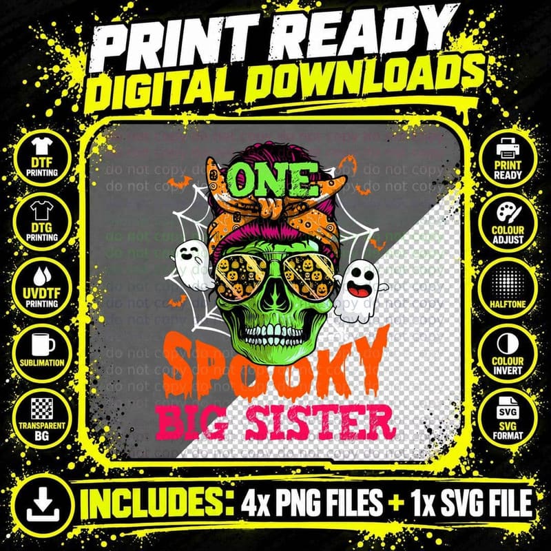 One Spooky Big Sister Messy Bun Halloween Costume Funny Png SVG Digital Bundle