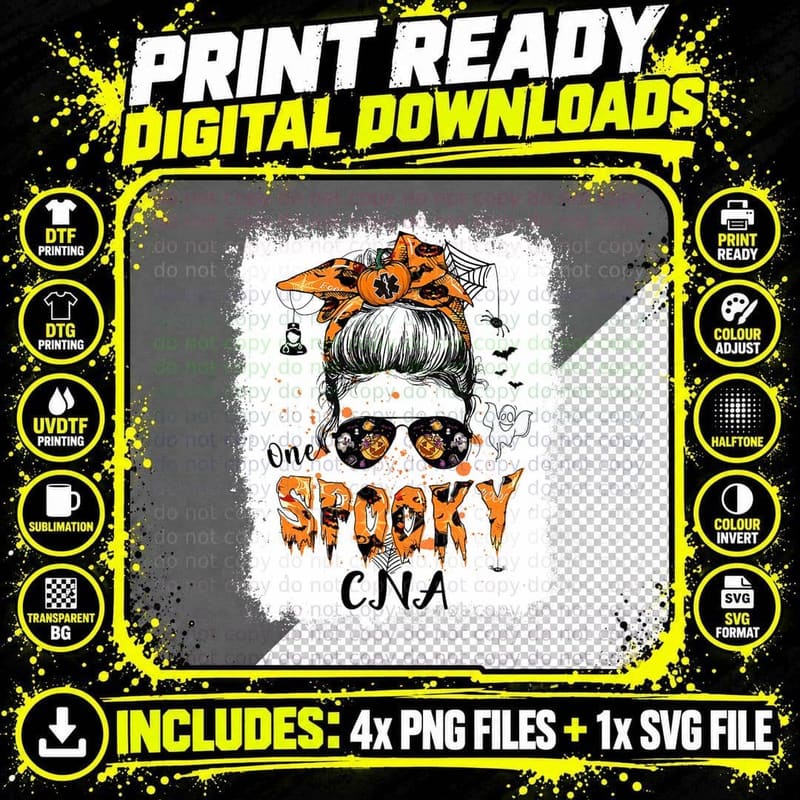 One Spooky CNA Halloween Messy Bun Bleached for Nurse RN Png SVG Digital Bundle