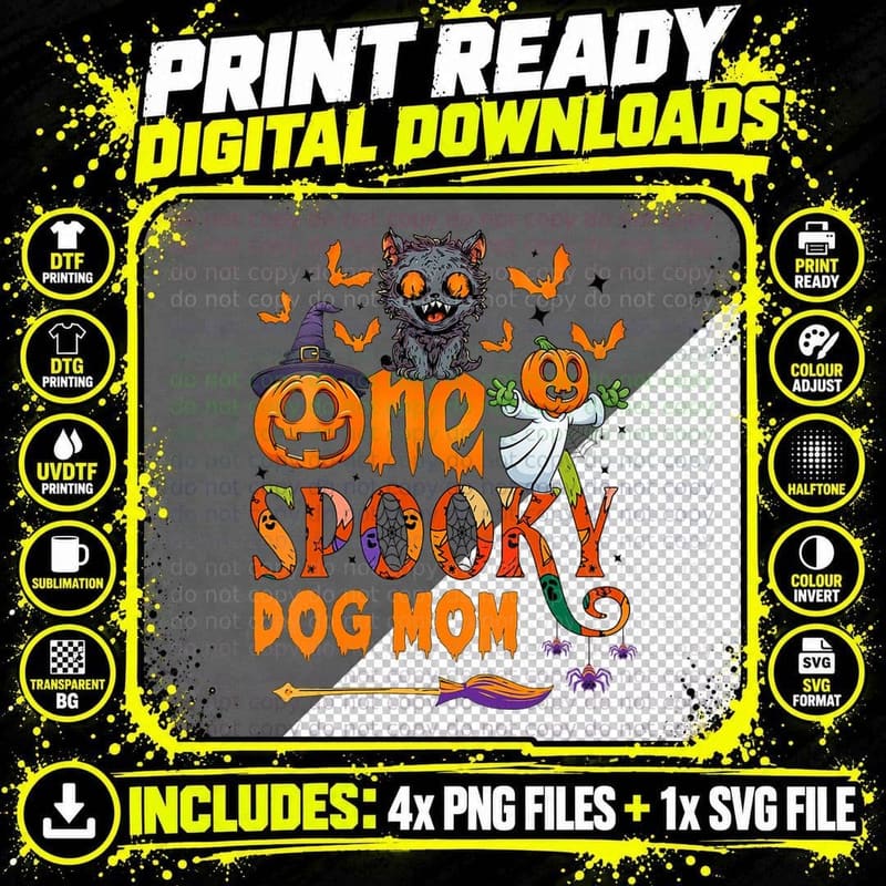 One Spooky Dog Mom Funny Halloween Spooky Dog Mom Black Png SVG Digital Bundle