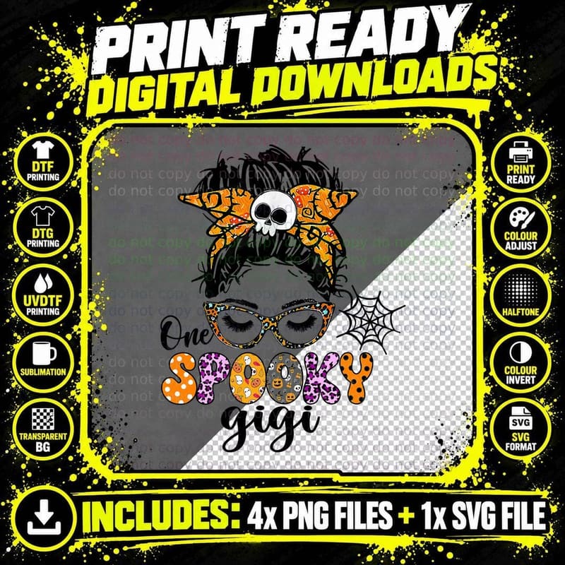 One Spooky Gigi Mom Life Halloween Messy Bun Bleached Png SVG Digital Bundle