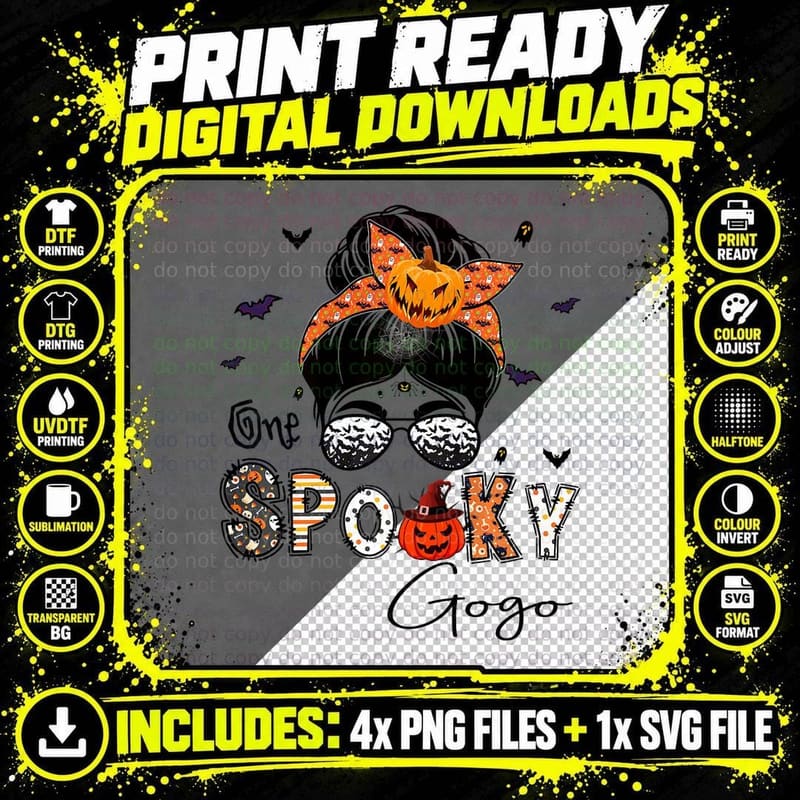 One Spooky Gogo Messy Bun Grandma Pumpkin Halloween Png SVG Digital Bundle