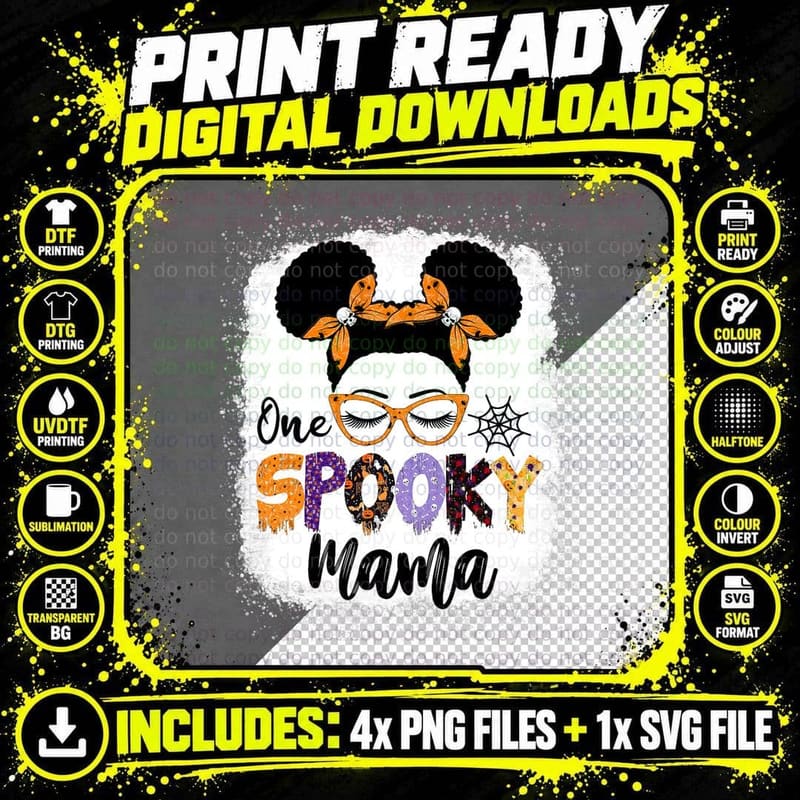 One Spooky Mama Messy Bun Halloween Skull Spider Black Png SVG Digital Bundle