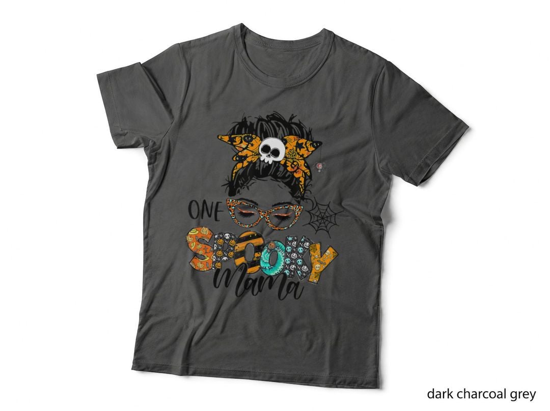 One Spooky Mama for Halloween Messy Bun Mom Monster Bleached T-Shirt