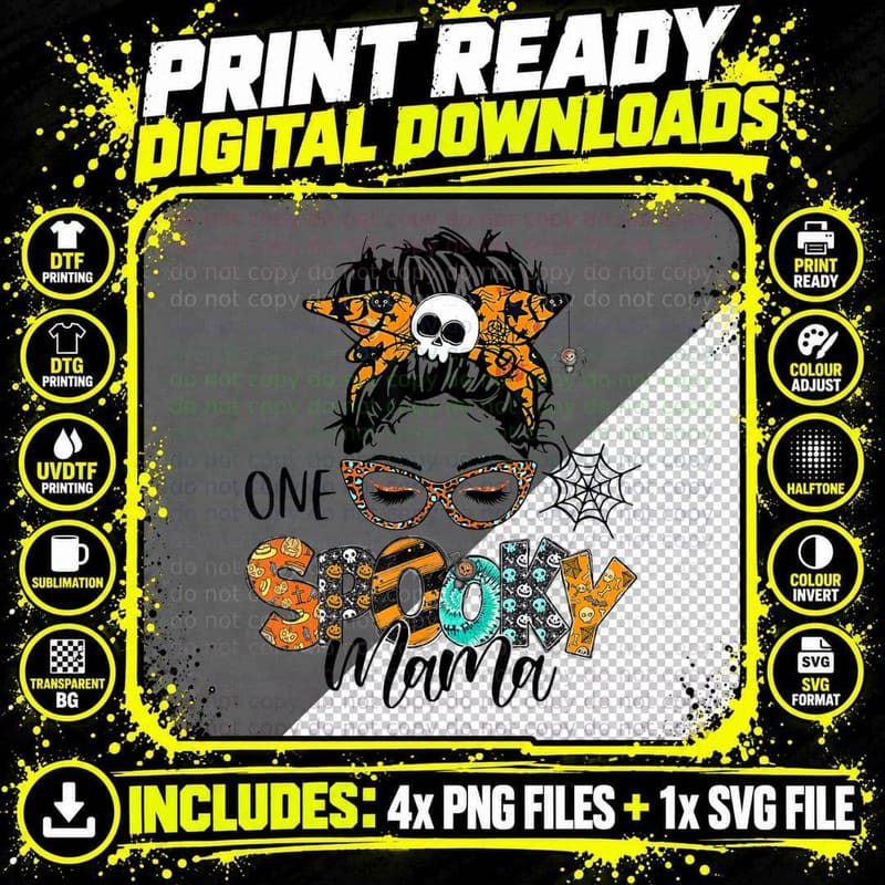 One Spooky Mama for Halloween Messy Bun Mom Monster Png SVG Digital Bundle