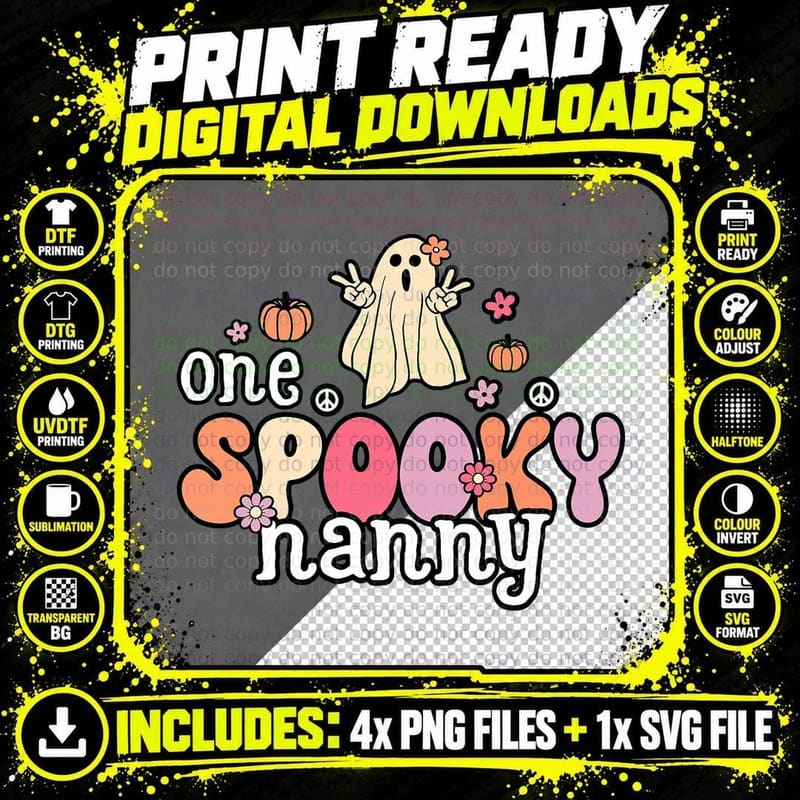 One Spooky Nanny Halloween Ghost Costume Retro Grandma Png SVG Digital Bundle