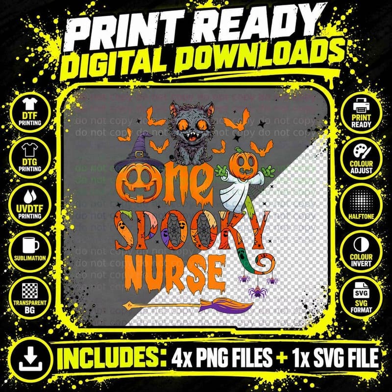 One Spooky Nurse Funny Halloween Spooky Nurse Cat Ghost Png SVG Digital Bundle