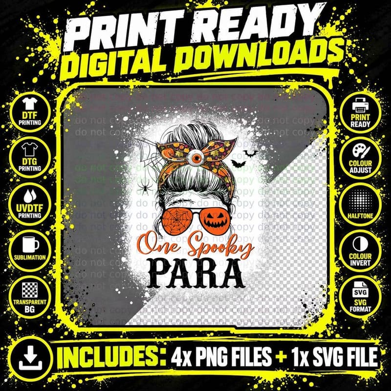 One Spooky Para Halloween Fall Messy Bun Hair Sunglasses Png SVG Digital Bundle