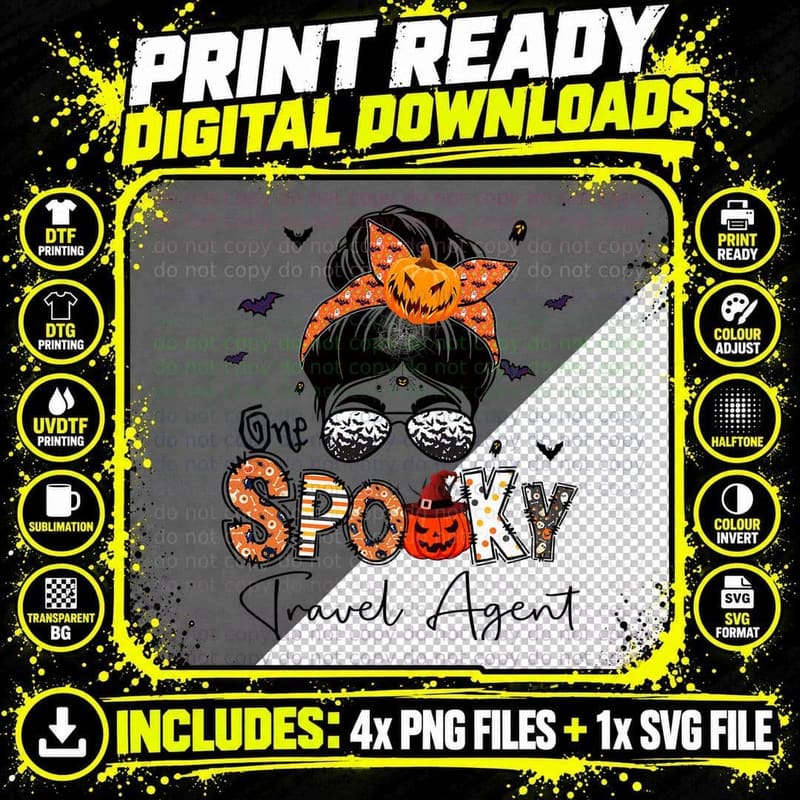 One Spooky Travel Agent Messy Bun Women Pumpkin Png SVG Digital Bundle