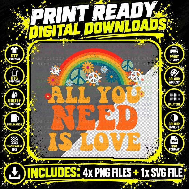 PEACE SIGN LOVE 60s 70s Tie Dye Hippie Costume Halloween Png SVG Digital Bundle