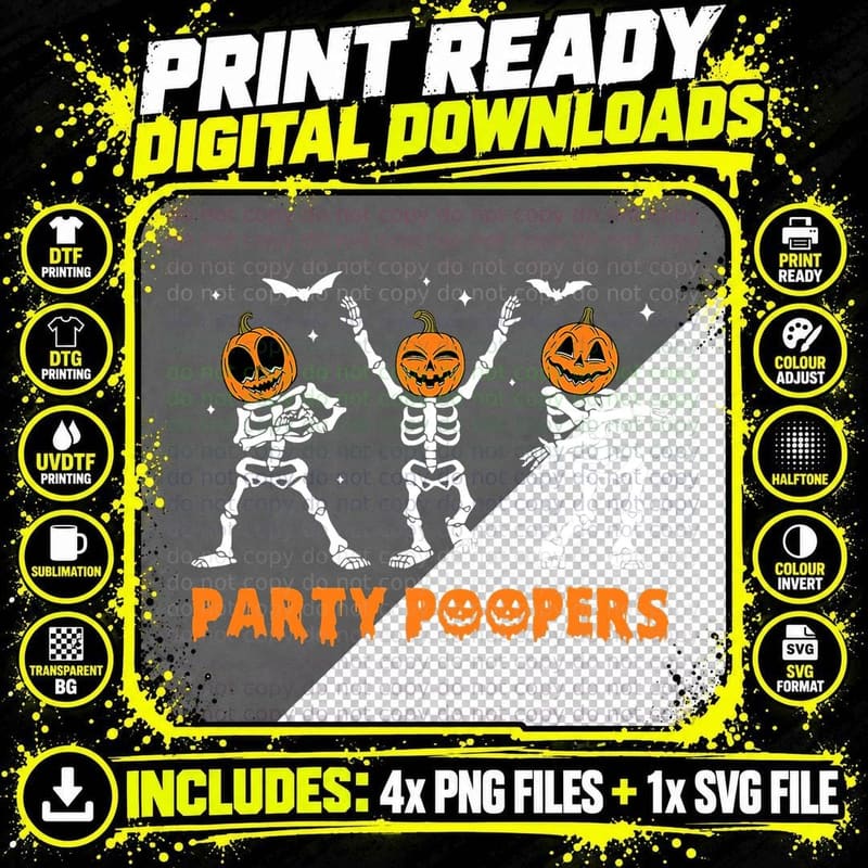Party Poopers Pumpkin Dancing Skeleton Halloween Costume Png SVG Digital Bundle