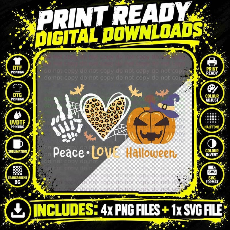 Peace Love Halloween Costume Pumpkin Leopard Heart Party Png SVG Digital Bundle