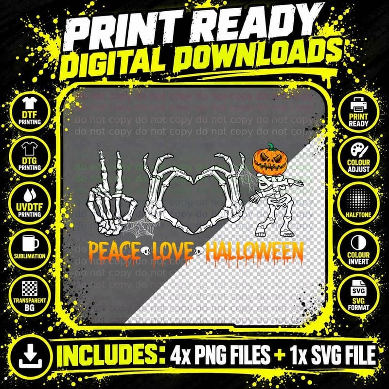 Peace Love Halloween Pumpkin Skeleton Halloween Costume Png SVG Digital Bundle