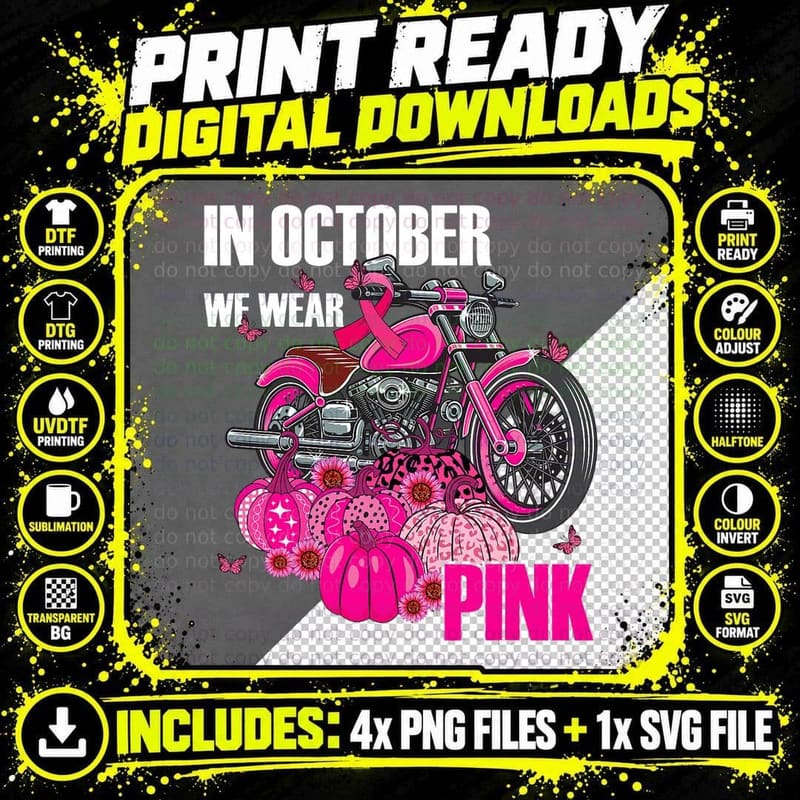 Pink Motorcycle in October We Wear Pink Pumpkin T-Shirt Png SVG Digital Bundle