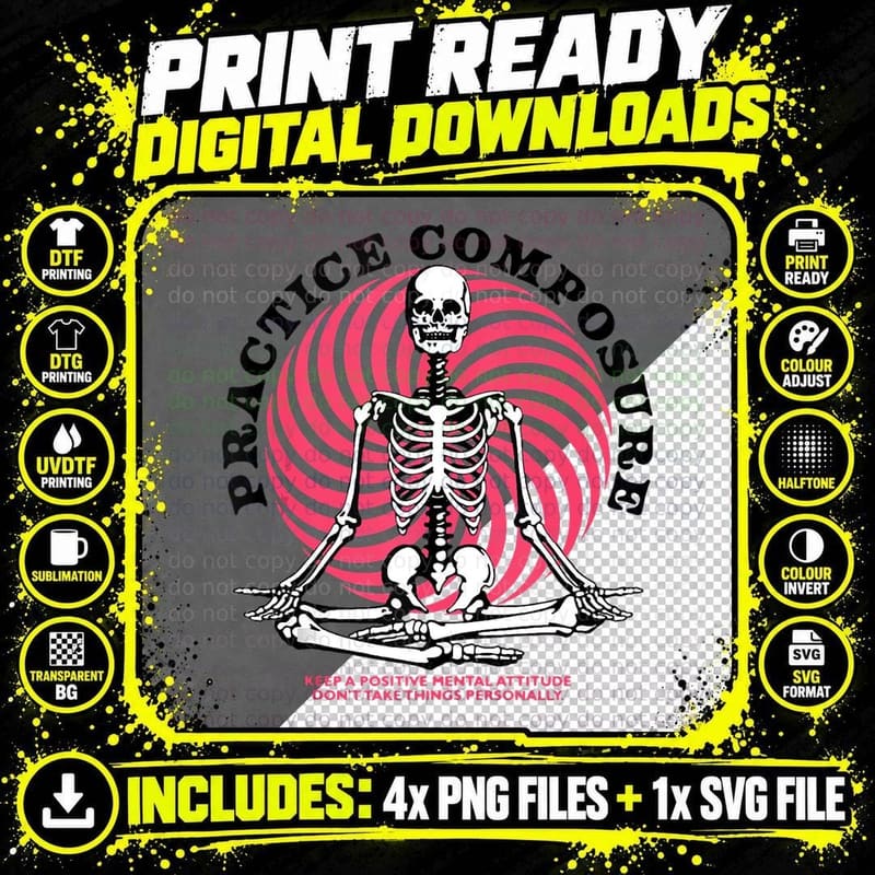 Practice Composure Human Skeleton Yoga Meditation Png SVG Digital Bundle