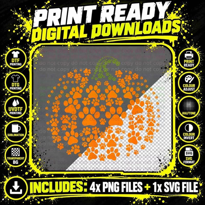 Pumpkin Dog Cat Paw Print Halloween Pet Lover T-Shirt Png SVG Digital Bundle