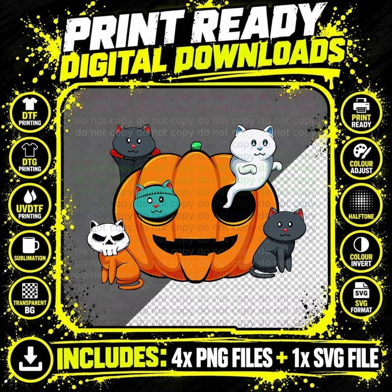 Pumpkin Monster Cats Lazy Halloween Costume Cute Kittens Png SVG Digital Bundle