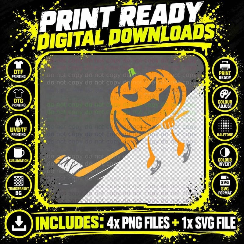 Pumpkin Playing Ice Hockey Funny Halloween Costume Png SVG Digital Bundle