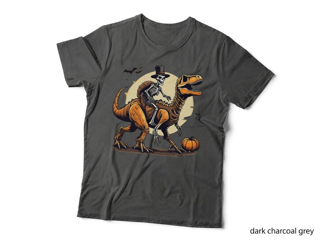 Pumpkin Riding Mummy Dinosaur T Rex Halloween Funny Skeleton T-Shirt