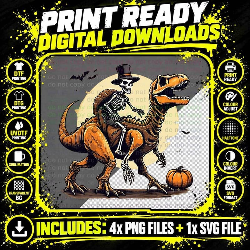 Pumpkin Riding Mummy Dinosaur T Rex Halloween Funny Png SVG Digital Bundle
