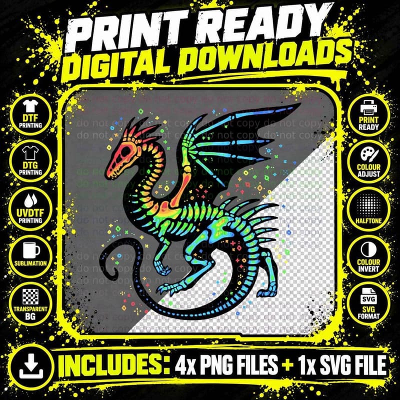 Rainbow Skeleton Dragon T-Shirt Png SVG Digital Bundle