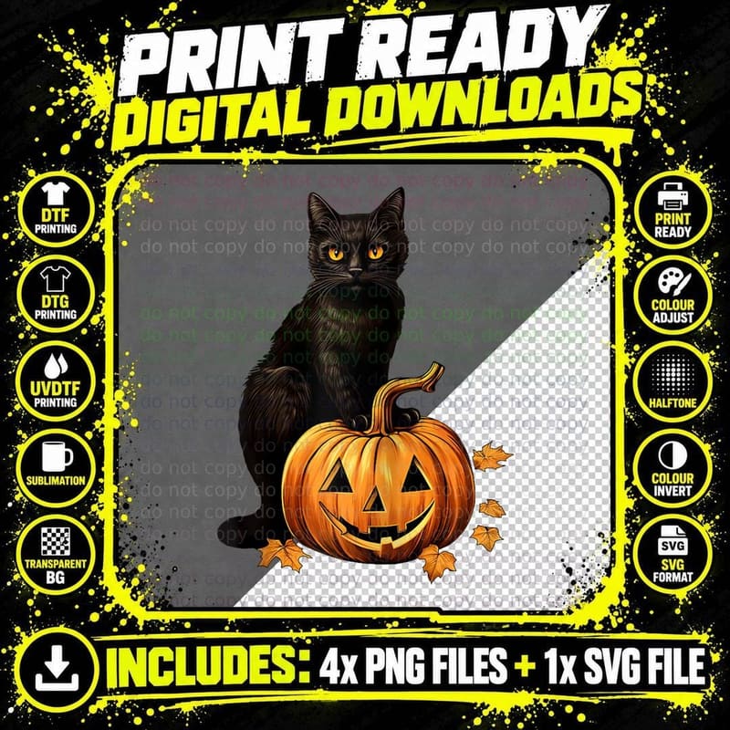 Retro Black Cat Halloween Pumpkin Costume for Women Men Png SVG Digital Bundle
