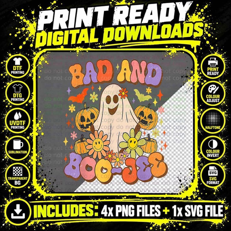Retro Ghost Bad and Boo Jee Groovy Halloween Autumn Fall Png SVG Digital Bundle