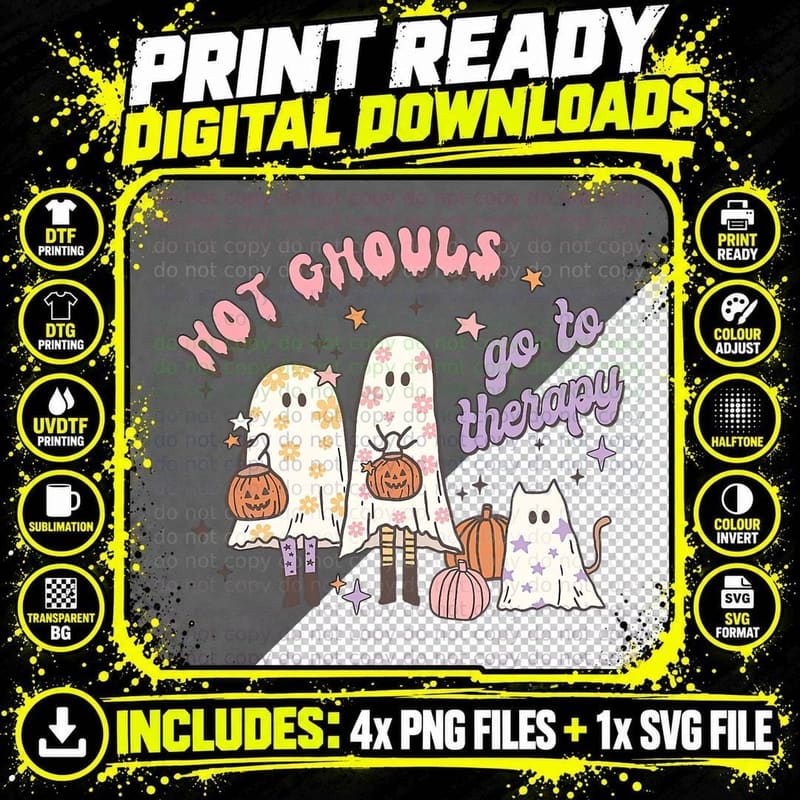 Retro Hot Ghouls Go to Therapy Ghost Pumpkin Halloween Png SVG Digital Bundle