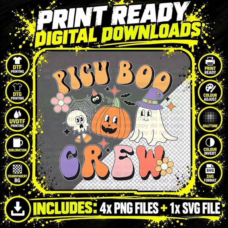 Retro PICU Boo Crew Ghost Pumpkin Halloween Costume Png SVG Digital Bundle