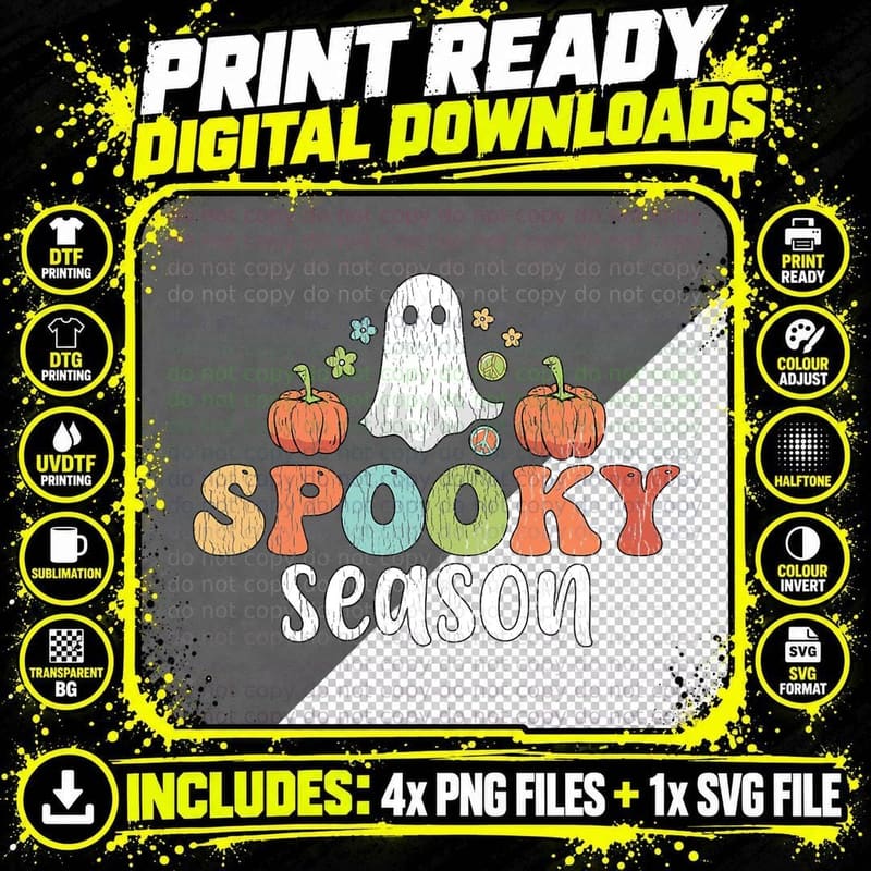 Retro Spooky Season Ghost Pumpkin Groovy Halloween Women Png SVG Digital Bundle