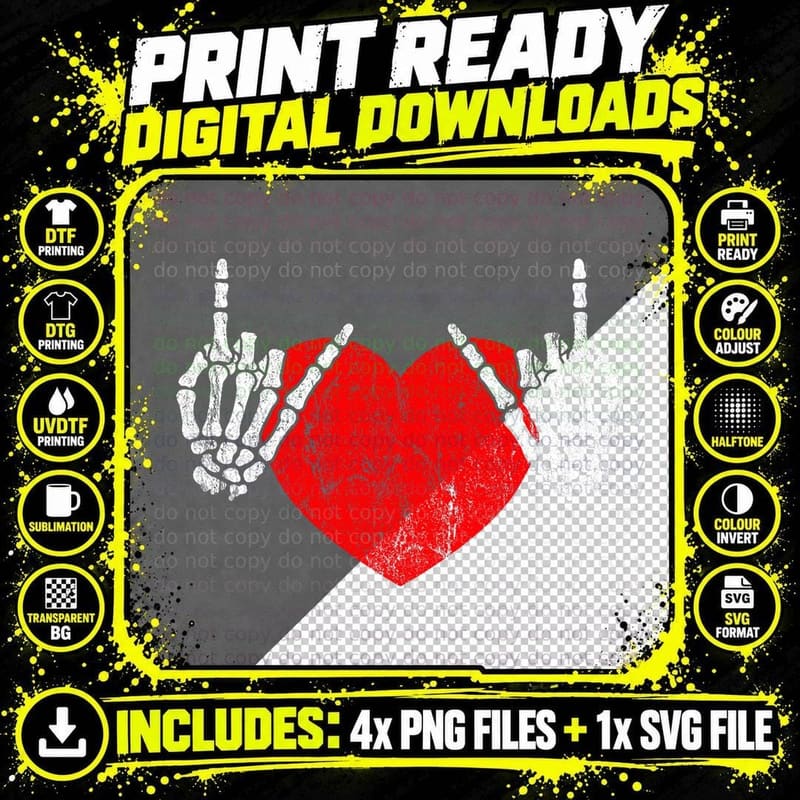 Rock Skeleton Hand Heart Rock and Roll Png SVG Digital Bundle