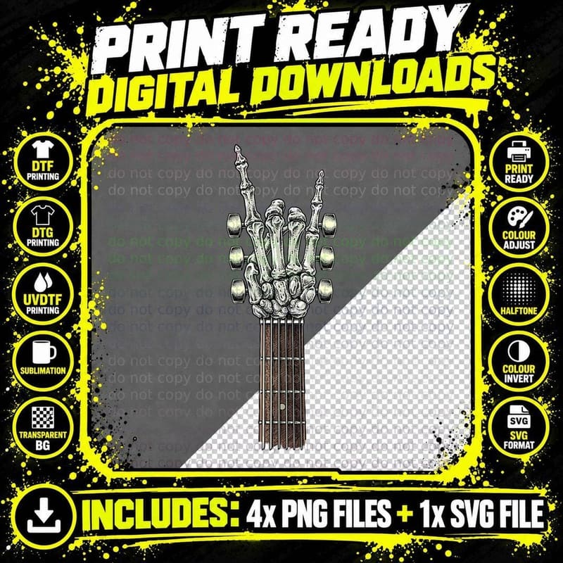 Rock on Guitar Neck - with a Sweet Rock & Roll Skeleton Png SVG Digital Bundle