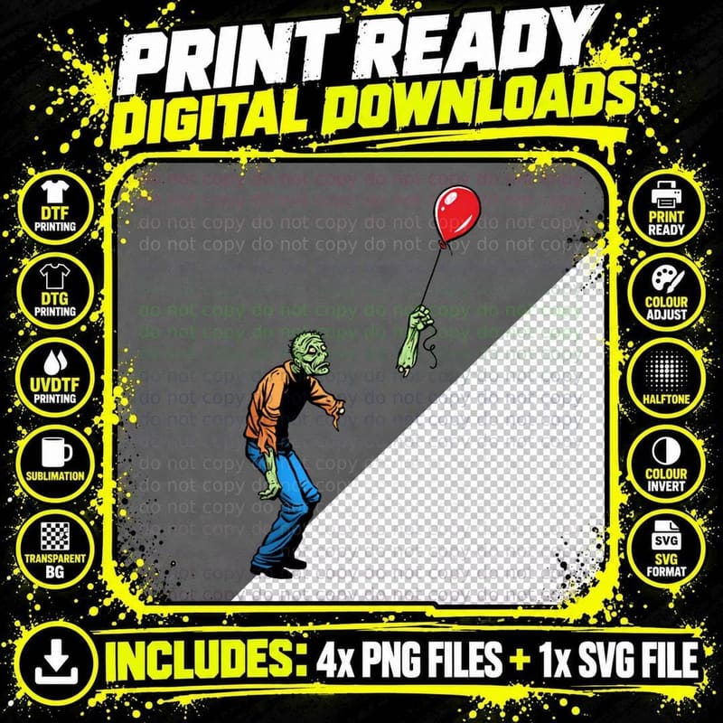 Sad Zombie and Balloon T-Shirt Png SVG Digital Bundle