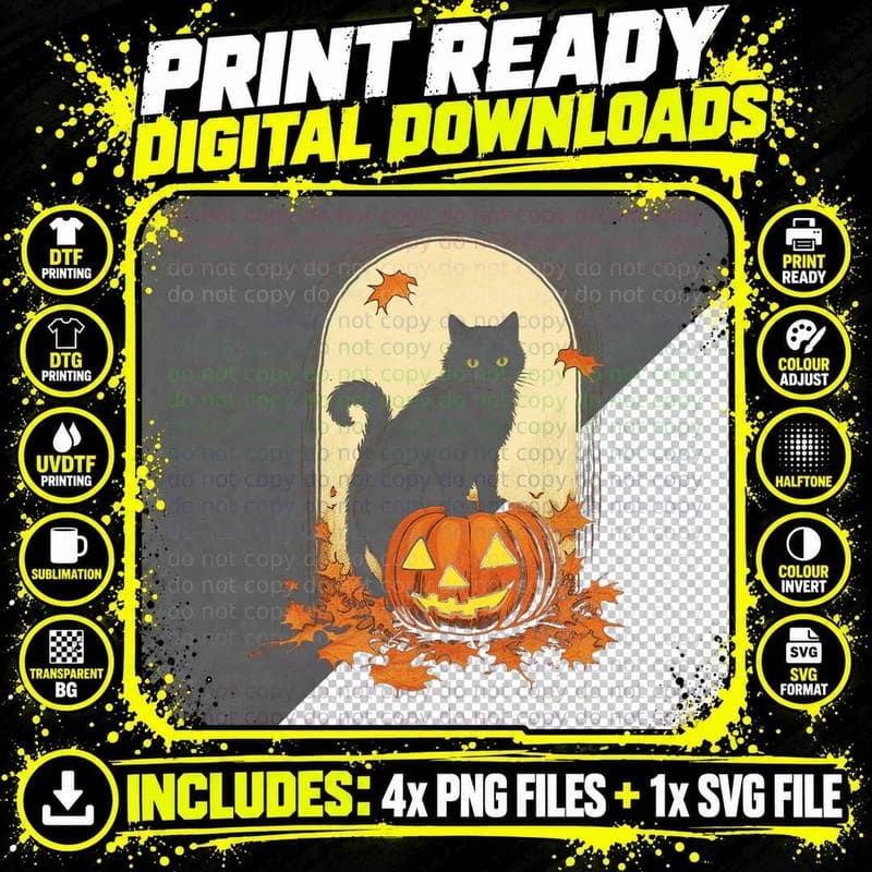 Scary Black Cat Halloween Black Cat Png SVG Digital Bundle