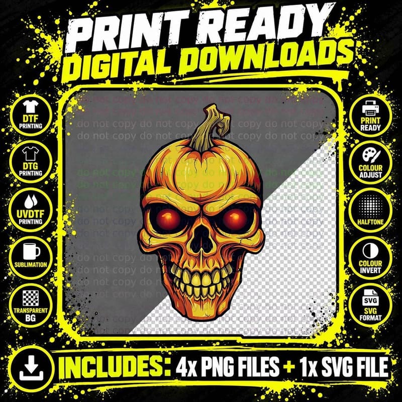 Scary Jack O Lantern Halloween Skull Pumpkin Face T-Shirt Png SVG Digital Bundle