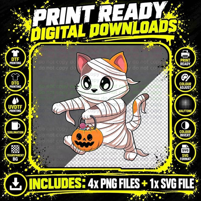Scary Mummy Cat Pumpkin Boys Girl Kids Halloween T-Shirt Png SVG Digital Bundle