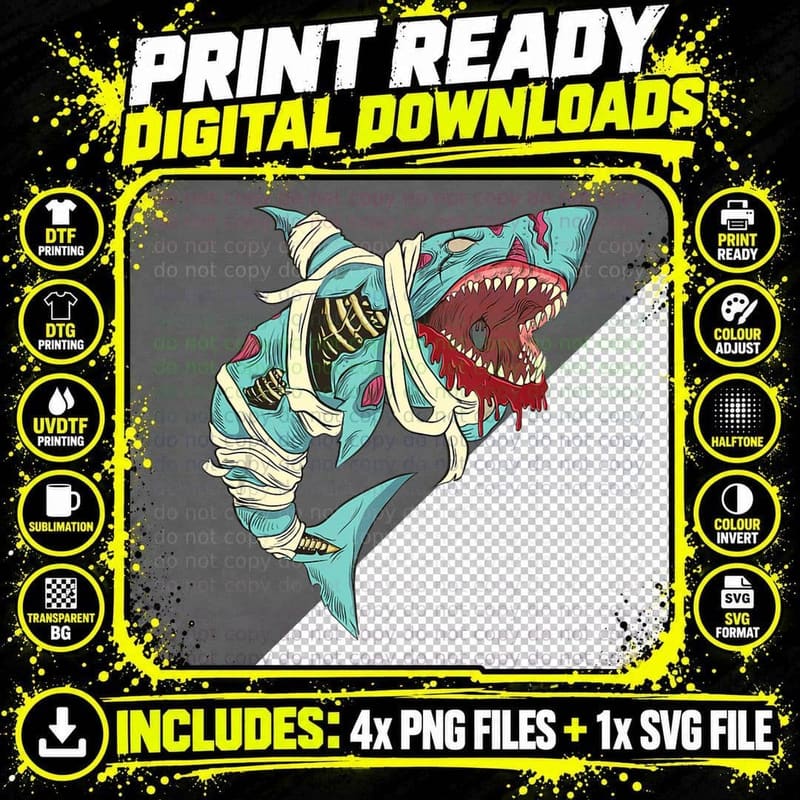 Shark Zombie Halloween Boys Men Skeleton Skull Rib Cage Png SVG Digital Bundle