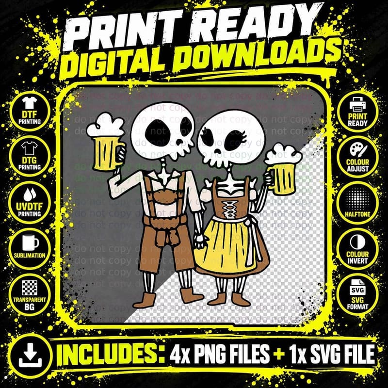 Skeleton Couple Cheering Beer Oktoberfest Halloween Png SVG Digital Bundle