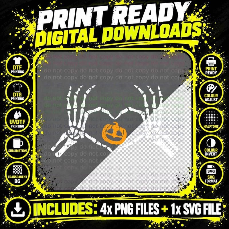 Skeleton Hand Heart Halloween Costume Bones Pumpkin Png SVG Digital Bundle