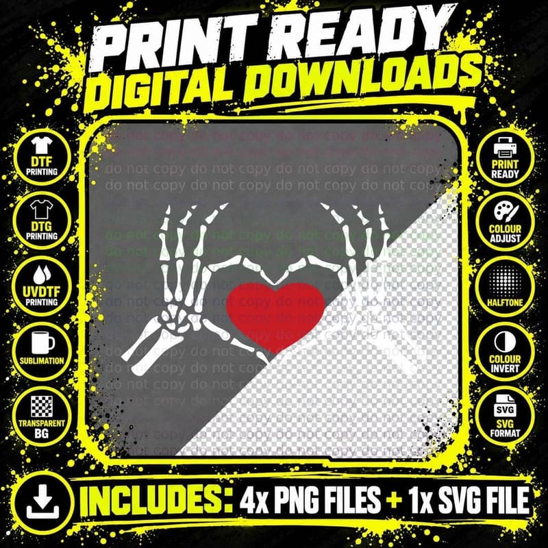 Skeleton Hand Heart Valentines Day Cool Bones Love Png SVG Digital Bundle