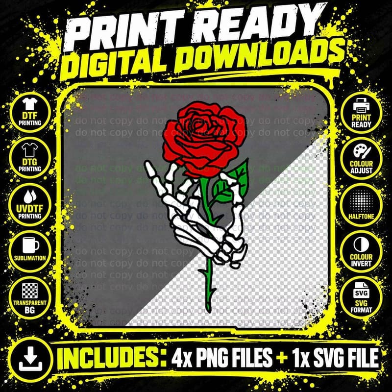Skeleton Hand Holding Rose, Tattoo T-Shirt Png SVG Digital Bundle