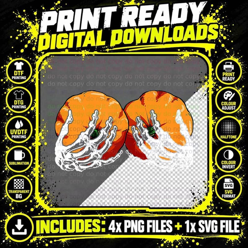 Skeleton Hand on Chest Pumpkin Boobs Halloween Boob Png SVG Digital Bundle