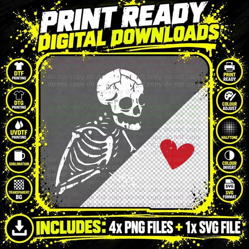 Skeleton Heart Valentines Day Funny Skull Bones Love Png SVG Digital Bundle