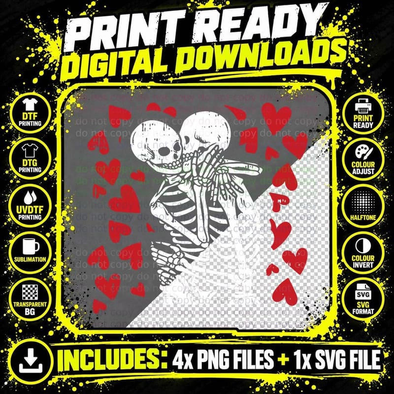 Skeleton Hugging Hearts Valentines Day Cute Bones Love Png SVG Digital Bundle